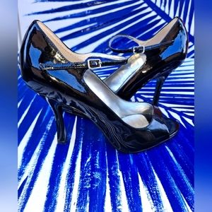 GUESS Mary Jane Black Patent Leather Peep-Toe Heels